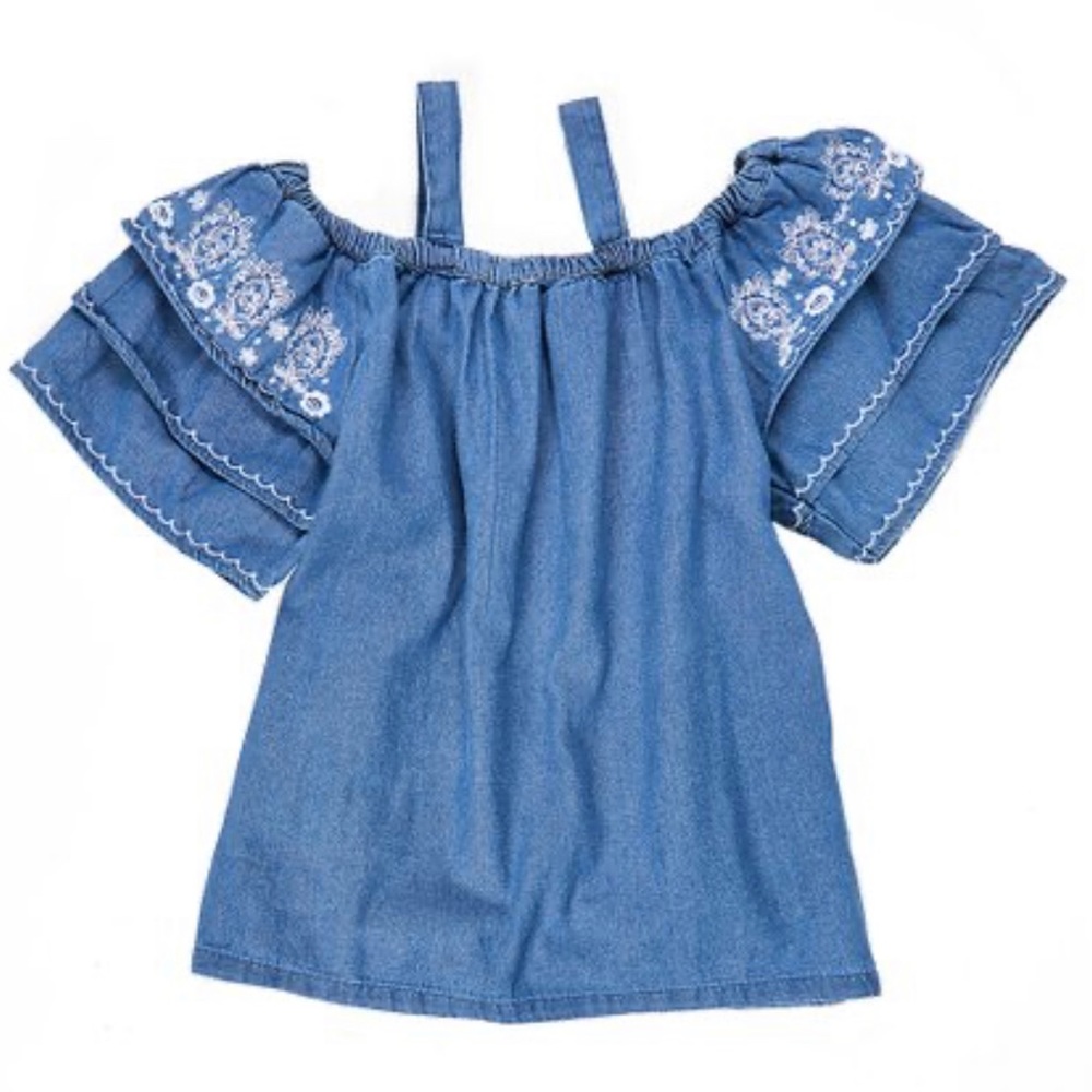 Denim Cold-Shoulder Embroidered Top - Girls 14-16